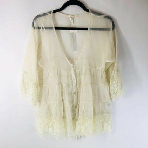 Ciel Womens Top Blouse Sheer Lace Oversized Tiered Button Front Ivory V Neck S